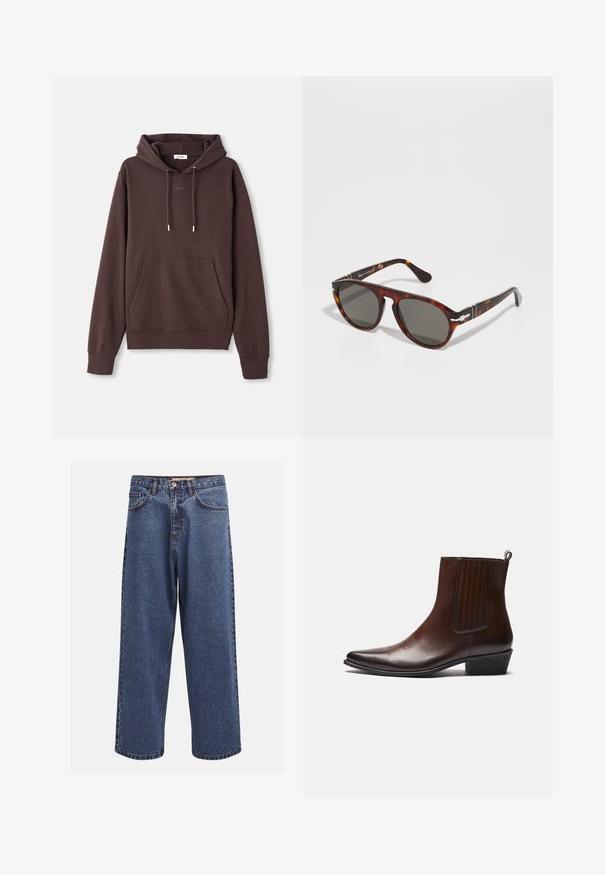 Hanorac maro realizat dintr-un amestec moale de bumbac, având o buzunar frontal, șnur reglabil și detalii brodate cu logo în apropierea gulerului.; Jeans din denim bleumarin, cu croi larg și un aspect decolorat, având fermoar cu buton, cinci buzunare și cusături contrastante pe margini.; Botină din piele maro, cu vârf ascuțit, panouri laterale elastice, detalii texturate pe partea din față și toc scăzut îngrădit.; Ochelari de soare din material țestoasă cu lentile gri. Ramă din plastic neted, formă rotundă, accente metalice pe tâmple. Suprafață reflectorizantă.