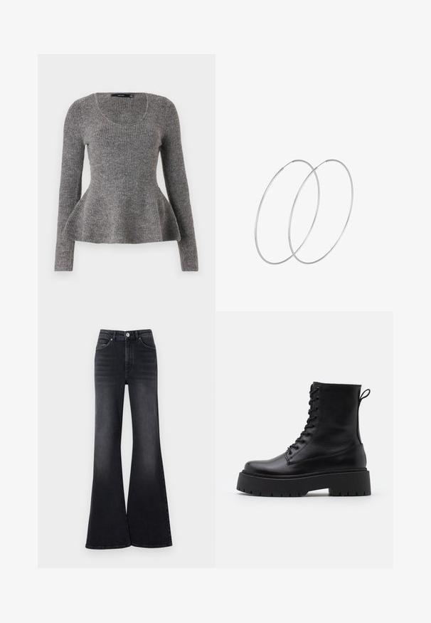 Harmaa raidoitettu neule, pitkät hihat, pyöreä kaula-aukko, laineileva helma vyötäröllä, keskikokoinen neuletekstiili, pehmeä materiaali.; Vyötäröltä korkeat leveälahkeiset farkut tummassa pesussa, joissa on sileä rakenne. Niissä on etutaskut, nappikiinnitys ja haalistumisdetailit.; Musta nahkainen nilkkureita, joissa on pyöreä kärki, nauhakiinnitys edessä ja paksu kumipohja, jossa on teksturoitu pinta. Takana vetotappi.; Hopehope hopeilla, joissa on minimalistinen muotoilu. Pyöreä muoto, sileä pinta ja ohut profiili. Kevyet ja kiillotetut.