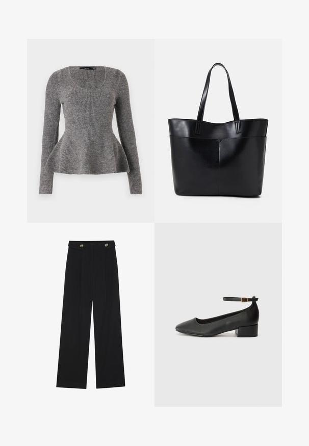 Gray ribbed sweater, long sleeves, scoop neckline, flared hem detail at waist, medium-weight knit texture, soft material.; Black wide-leg trousers with high waist, button details on waistband, and front pleats.; Black leather pump with a pointed toe and a low block heel. Features an ankle strap with a gold-tone buckle. Smooth texture.; Black leather tote bag with two long handles, a smooth texture, and a structured shape. Features a front pocket for additional storage.