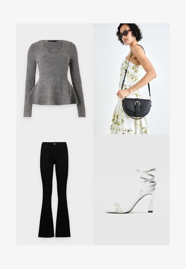 Gray ribbed sweater, long sleeves, scoop neckline, flared hem detail at waist, medium-weight knit texture, soft material.; Black high-waist jeans with a button and zip closure, front pockets, and flared legs laid flat on a white background.; Silver high-heeled sandal with a shiny strap design, featuring a pearl-like accent and a spiraled ankle strap for secure fit.; Black leather handbag with a curved shape, detachable strap, and gold hardware. The bag features a flap with a buckle detail.