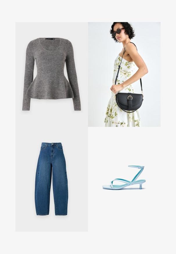 Grau gestreifter Pullover, lange Ärmel, runder Ausschnitt, ausgestellter Saum an der Taille, mittelschweres Strickmaterial, weicher Stoff.; Denimjeans in einer mittleren blauen Waschung, mit hoher Taille, weit geschnittenem Bein und dem typischen fünf Taschen Design mit sichtbaren Nahtdetails.; Hellblaue Riemchensandalette mit quadratischer Zehenform, flachem Absatz, verstellbarem Knöchelriemen und glatter, glänzender Oberfläche. Überkreuzte Riemen auf dem Fußbett.; Schwarze Lederhandtasche mit geschwungener Form, abnehmbarem Tragegurt und goldenen Beschlägen. Die Tasche verfügt über einen Deckel mit einer Schnallen-Details.