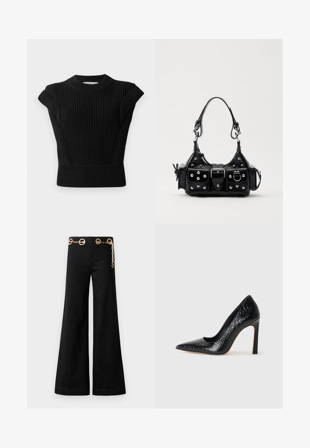 Pulover negru din tricot ribbed, cu accente la mânecile scurte și decolteu rotund. Are o siluetă ajustată și un material texturat.; Pantaloni largi negri din bumbac, având accesorii circulare aurii și un detaliu din lanț pe talie. Textură netedă, croială curată.; Pantofii cu toc înalt, ascuțiți, de culoare neagră, cu textură de piele de crocodil, având un design elegant, toc în stil stiletto și interior neted de culoare neagră.; Geantă de piele neagră cu un design curbat, dotată cu studuri argintii, o cataramă și două buzunare laterale. Curea ajustabilă pentru opțiuni de transport.