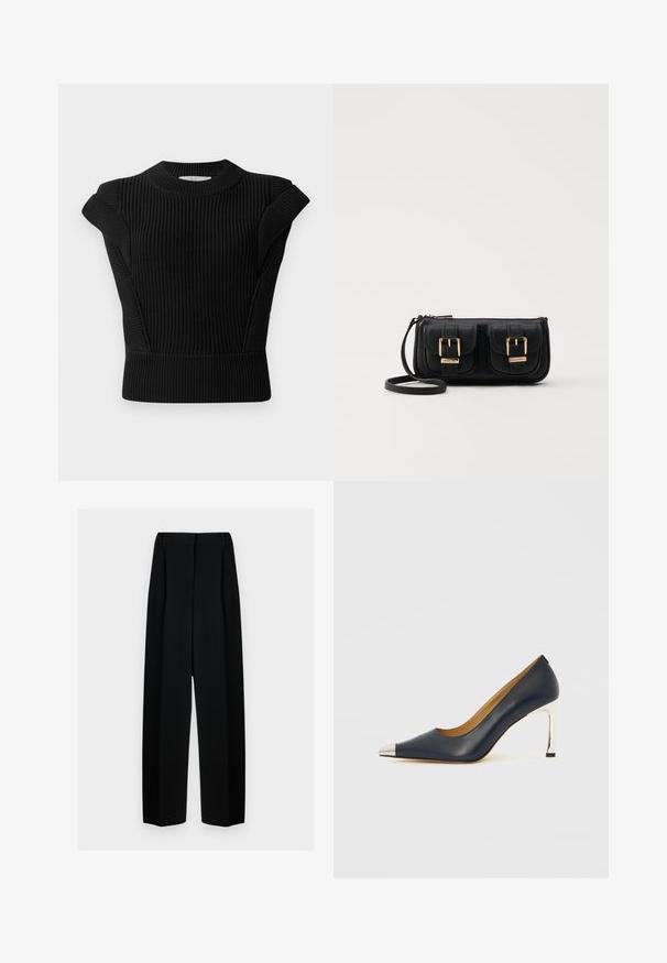 Svart ribbestrikket genser med korte ermer og rund halslinning. Har en tettsittende silhuett og teksturert stoff.; Svart vide bukser med høy livhøyde, med folder og en glatt tekstur. Stoffet virker lett og faller elegant.; Marineblå høyhælte skinnsko med spiss tå, som har en sølvfarget metallhatt og en blank sølvfarget stiletthæl.; Svart skinn crossbody veske med to frontlommer, gyldne spenner, glidelåslukking og en slank stropp. Teksturert overflate og kompakt rektangulær form.