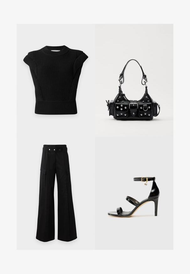 Juodas raštuotas megztinis su trumpomis rankovėmis ir apvalia apykakle. Turi prilipusį siluetą ir tekstūruotą medžiagą.; Juodos platėjančios kelnės su aukštu juosmeniu, turinčios dideles šonines kišenes, dvi priekinės mygtukus ir kilpelės detalę. Pagamintos iš tvirto audinio.; Juodas patentuotas odinis sandalai su trimis diržais, kulkšnies sagtimi ir 4 colių stiletto kulnu. Yra aukso detalės ir logotipo žavesys.; Juodas odinis rankinukas su kreiviu dizainu, su sidabro spalvos knopkėmis, užsegimu ir dviem šoninėmis kišenėmis. Reguliuojama dirželis nešimui.