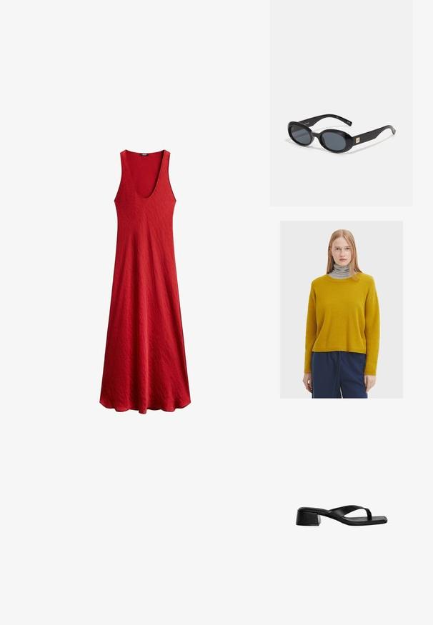 Maglione a maglia giallo senape con scollo rotondo, maniche lunghe e una vestibilità comoda, abbinato a un dolcevita grigio al di sotto.; Abito rosso senza maniche con una profonda scollatura a V, realizzato in tessuto testurizzato. Fluisce delicatamente dalla vita, creando una silhouette rilassata.; Le sandali con tacco in pelle nera presentano un design a fascia, punta quadrata e un tacco basso a blocco. Texture liscia con uno stile minimalista.; Occhiali da sole ovali neri con lenti scure, montatura in plastica lucida, aste larghe e un piccolo accent in oro su un lato.; Clutch bag in pelle intrecciata nera con forma rettangolare, dotata di una maniglia sottile e discreti dettagli in oro.
