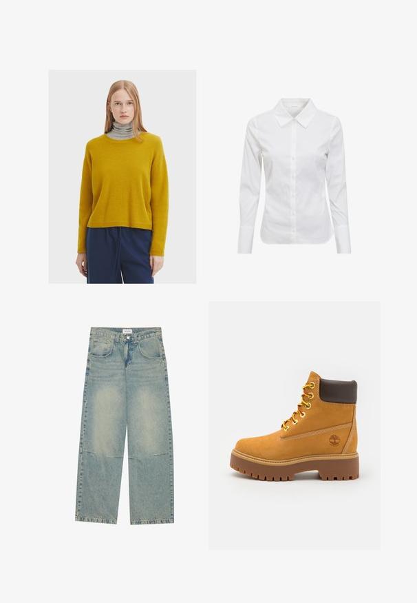 Musztardowy dzianinowy sweter z okrągłym dekoltem, długimi rękawami i luźnym krojem, noszony z szarym golfem pod spodem.; Biała koszula z długim rękawem, z klasycznym kołnierzykiem, zapinana na guziki, wykonana z gładkiego materiału bawełnianego. Minimalistyczny design, bez wzorów i akcentów.; Jasnoniebieskie dżinsy o szerokich nogawkach, wykonane z denimu, z dwoma przednimi kieszeniami, zapięciem na guzik i wyblakłym odcieniem z widocznym szwem.; Karmelowy wodoodporny but za kostkę z solidną gumową podeszwą, okrągłym noskiem, brązowym skórzanym kołnierzem, żółtymi sznurówkami i logo po boku.