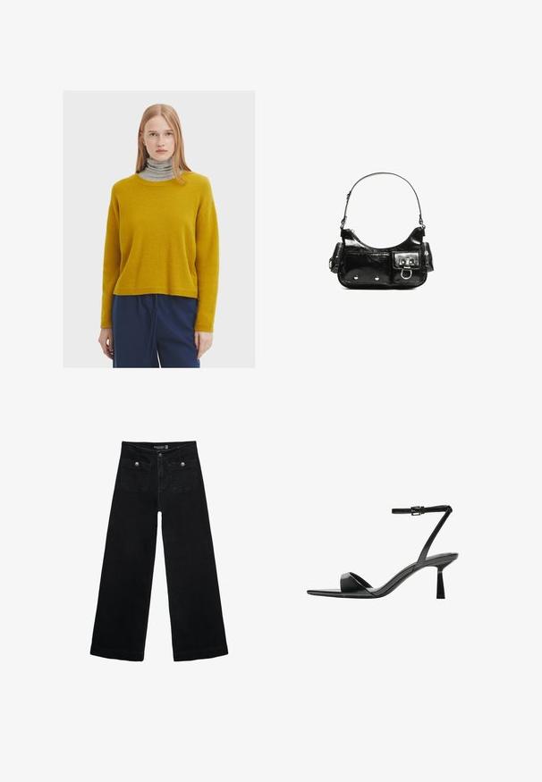 Maglione a maglia giallo senape con scollo rotondo, maniche lunghe e una vestibilità comoda, abbinato a un dolcevita grigio al di sotto.; Jeans neri a gamba larga con vita alta, dotati di due tasche frontali e dettagli in metallo sui bottoni. Il tessuto ha una texture liscia.; Bershka Sandali con tacco - black; Borsa a spalla in vernice nera con forma curvata, una tracolla, tasche frontali e dettagli in metallo argentato.