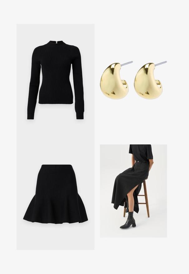 Black ribbed knit sweater with a high neck and long sleeves. Features a keyhole detail at the back and a fitted silhouette.; Black flared skirt made of soft fabric. Features a fitted waist and a wavy hemline, creating a layered appearance.; Black linen maxi skirt with a high slit, worn with a black t-shirt and black ankle boots. Minimalistic design with a relaxed fit.; Gold-colored earrings with a smooth, rounded shape featuring a reflective surface and a post back for secure wear.