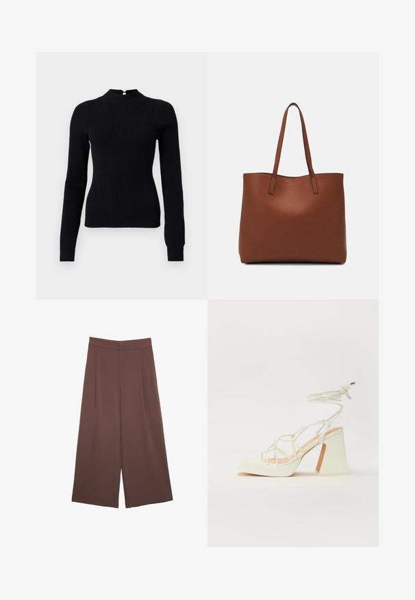 Maglione a coste nera con collo alto e maniche lunghe. Presenta un dettaglio a chiave sul retro e una silhouette aderente.; Pantaloni ampi marroni con una texture liscia, caratterizzati da una vita alta e pieghe frontali. Il tessuto è leggero e scorre liberamente.; Sandalo bianco con tacco alto, caratterizzato da un design a cinturini e un legaccio alla caviglia. Texture liscia con una piattaforma frontale per un'altezza aggiuntiva.; Borsa tote in pelle marrone con texture liscia, design con apertura superiore e due spallacci. Presenta cuciture minime e nessun hardware visibile.