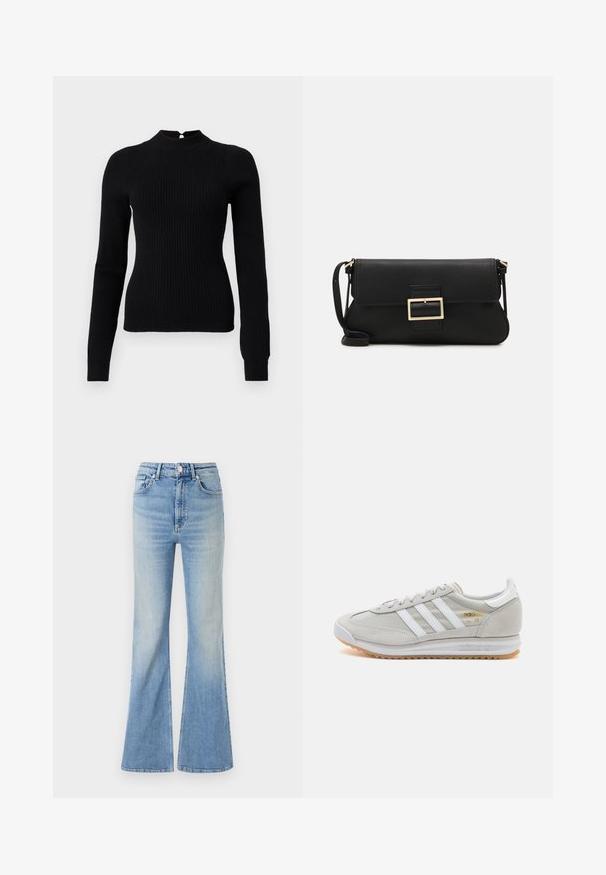 Schwarzer gerippter Strickpullover mit hohem Kragen und langen Ärmeln. Merkmale sind ein Schlüssellochdetail im Rücken und eine taillierte Silhouette.; Helle blaue Schlagjeans aus Denim mit hoher Taille, fünf Taschen und subtilem Farbverlauf bis zum Saum.; Hellgraue Sneaker aus Wildleder und Mesh, mit drei weißen Streifen, runder Zehenpartie und einer Sohle aus Gummi. Goldenes Logo-Detail nahe der Schnürsenkel.; Schwarze Leder-Clutch mit Klappe und goldfarbenem Metallschnallen-Detail. Enthält einen schwarzen Riemen und ein schlankes, minimalistisches Design.