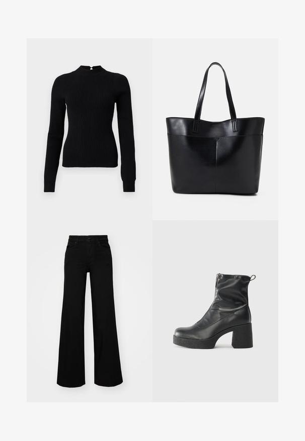 Melna ribota adīta džemperis ar augstu kaklu un garām piedurknēm. Iezīmējas ar atslēgas caurumu aizmugurē un ciešu siluetu.; Melni plaša kāju bikses, izgatavotas no džinsa, ar strukturētu jostu, jostu cilpiņām un priekšējām kabatām. Gluda tekstūra ar klasisku dizainu.; Melni potītes zābaki, kas izgatavoti no gludas ādas, ar sānu rāvējslēdzēju, masīvu strukturētu papēdi un noapaļotu purngalu.; Melnas ādas iepirkumu soma ar divām garām rokturām, gludu tekstūru un strukturētu formu. Iekļauj priekšējo kabatu papildu uzglabāšanai.