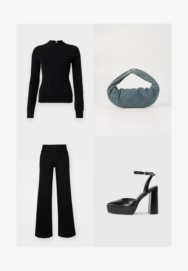 Mustaa ribattua neulepuseroa, jossa on korkea kaulus ja pitkät hihat. Takana on avainaukko yksityiskohtana ja muotoiltu siluetti.; Musta leveälahkeinen farkkupanta, jossa on rakenteellinen vyötärö, vyölenkit ja etutaskut. Sujuva rakenne klassisella muotoilulla.; Mustat korkeat platform-kengät, joissa on terävä kärki ja säädettävä nilkkaremmi. Valmistettu sileästä nahasta ja varustettu paksulla lohkokorkeudella.; Sininen farkkureppu, jossa on pehmustettu, pyöreä muoto ja kaareva kahva. Kankaan pinta on pehmeä, ja siinä on näkyvää ommeltavaa sekä sileä viimeistely.