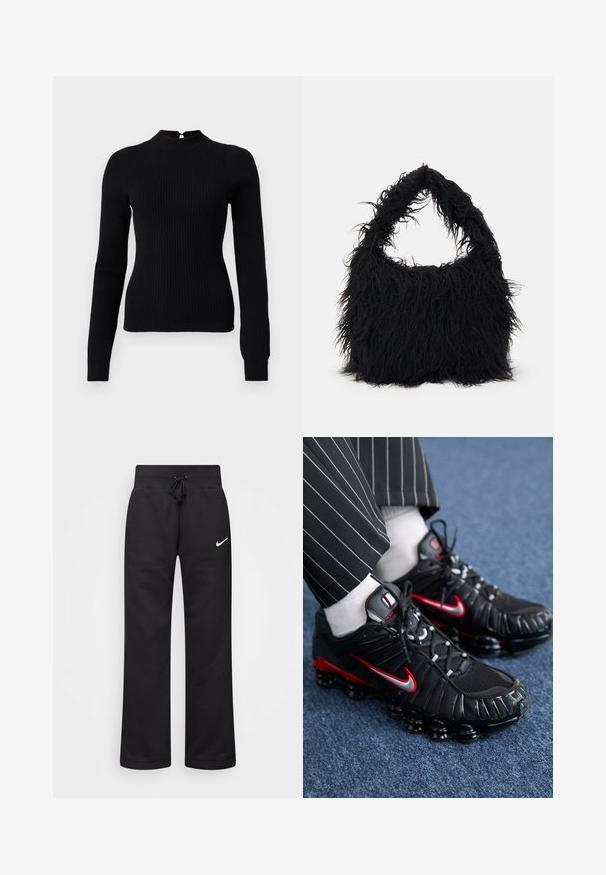 Schwarzer gerippter Strickpullover mit hohem Kragen und langen Ärmeln. Merkmale sind ein Schlüssellochdetail im Rücken und eine taillierte Silhouette.; Schwarze Sweatpants aus einem Baumwollmix, mit einem Kordelzugbund, geraden Beinen und einem weißen Nike-Logo auf der linken Seite.; Schwarze Sportschuhe mit roten und silbernen Akzenten, Netz- und strukturierten synthetischen Materialien, Schnürdesign und sichtbarer Dämpfungssohle.; Even&Odd Shopping Bag - black