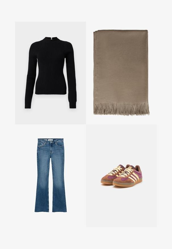 Schwarzer gerippter Strickpullover mit hohem Kragen und langen Ärmeln. Merkmale sind ein Schlüssellochdetail im Rücken und eine taillierte Silhouette.; Ausgestellte blaue Jeans aus Denim mit einer mittelhohen Taille, ausgestattet mit Fronttaschen und einer glatten Textur, die ein sauberes, klassisches Design aufweisen.; Braune und lila Wildledersneaker mit gelben Streifen, runder Zehenform, strukturiertem Kragen und einer Sohle aus Gummi. Die Schnürsenkel sind in hellem Creme.; Weiches, taupefarbenes Wurfdecke mit glatter Textur und fransigen Kanten, in rechteckiger Form und mit einfachem Design.