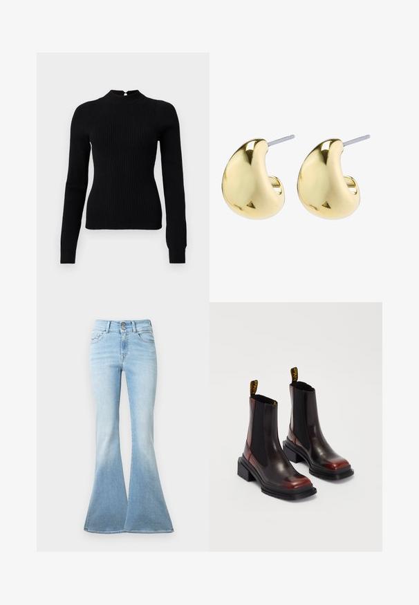 Maglione a coste nera con collo alto e maniche lunghe. Presenta un dettaglio a chiave sul retro e una silhouette aderente.; Jeans svasati di colore azzurro realizzati in denim. Presentano una vita alta con due bottoni e un leggero sbiadimento verso l'orlo. Design classico a cinque tasche.; Dr. Martens MAYBOLE CHELSEA - Stivaletti con plateau - black/cherry red; Orecchini color oro con una forma liscia e arrotondata, caratterizzati da una superficie riflettente e una chiusura a perno per un indossamento sicuro.