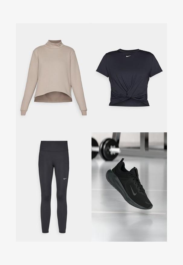 Yogasearcher BOTHI - Sweatshirt - cacao; Black athletic t-shirt made of smooth fabric, featuring a knotted front design and a small white Nike logo on the chest.; Black leggings made of stretchy fabric, featuring a high waistband and a white Nike logo on the left thigh. Smooth texture, form-fitting design.; Black sports sneaker with Nike logo, shown mid-air on gym floor, with blurred dumbbell rack in background.