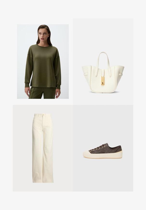Zielona oliwkowa bluza z długim rękawem, wykonana z miękkiego materiału, z okrągłym dekoltem, luźnym krojem i bocznymi rozcięciami u dołu dla większego komfortu.; Polo Ralph Lauren - Spodnie materiałowe; Brązowe trampki z wzorem na płótnie, złote oczka, sznurowanie oraz biała gumowa osłona palców i podeszwa. Charakteryzujące się teksturowanym wykończeniem.; Biała skórzana torba tote o wyraźnym kształcie, z widocznymi przeszyciami, złotą metką i podwójnymi uchwytami. Teksturowana powierzchnia z bocznymi kieszeniami.