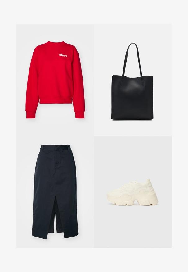 Sarkans džemperis ar apaļo kakla izgriezumu un garām piedurknēm. Priekšpusē ir balts logo ar tekstu. Izgatavots no mīkstas auduma ar gludu tekstūru.; Tumši jūras zila midi svārki, izgatavoti no kokvilnas maisījuma auduma, ar priekšējo spraugu, slēptu rāvējslēdzēju un sānu kabatām funkcionalitātei.; Masīvi balti sportisti, kas izgatavoti no strukturēta sieta un sintētiskajiem materiāliem, ar biezu zoli un sarežģītām rakstu detaļām gar sāniem.; Melnas ādas somiņa ar gludu tekstūru, taisnstūra formu un divām garām rokturiem. Nav redzamu aparatūras vai rotājumu.