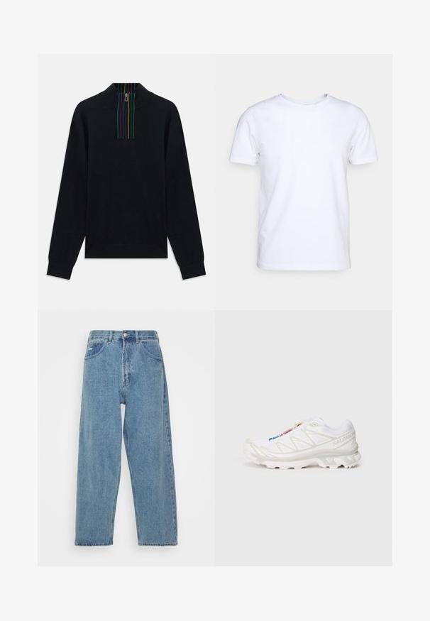 Svart langermet genser med halv-zip krage, med flerfargede vertikale striper på knappelisten og inni kragen.; Hvit t-skjorte med korte ermer i bomull med rund hals. Enkelt design uten mønstre eller accenter. Glatt tekstur.; Lyseblå denimjeans med høy midje, avslappet passform, med to frontlommer, en baklomme og knappestengning.; Hvite joggesko med teksturert mesh-overdel, reflekterende detaljer og dempet såle. Merkbar merkevarelogo på siden.