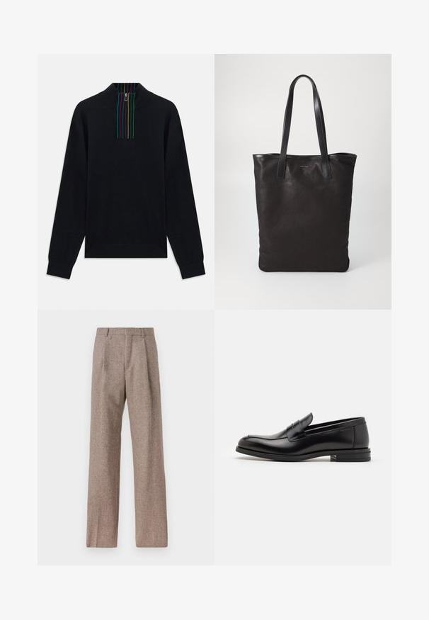 Črn pulover z dolgimi rokavi in pol-zip ovratnikom, ki ima večbarvne vertikalne črte na plakti in znotraj ovratnika.; Rjave hlače z visokim pasom, izdelane iz teksturirane tkanine. Imajo široke noge in dve sprednji pregibi za strukturo. Urejen zaključek brez vidne strojne opreme.; Črne usnjene loafer čevlje z gladko teksturo, zaobljenim nosom in dekorativnim trakom čez zgornji del. Nizka zložena peta, minimalističen dizajn.; Črna platnena torba s črnimi usnjenimi ročaji. Preprost dizajn, prostorna notranjost in gladka tekstura. Brez vidnih logotipov ali vzorcev.