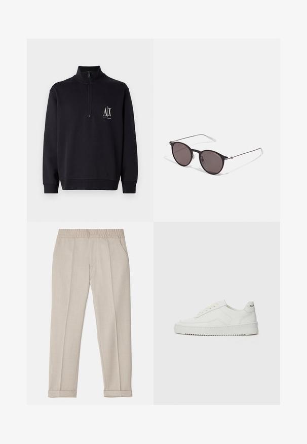 Felpa nera con colletto alto e zip quarti, con logo bianco sul lato sinistro del petto e polsini e orlo a costine.; Filippa K TERRY CROPPED TROUSERS - Pantaloni - sage melange; Sneaker in pelle bianca con una finitura liscia, punta rotonda, lacci piatti e suola testurizzata. Presenta un logo discreto sul tallone.; Occhiali da sole neri rotondi con lenti scure e sottili bracci in metallo. Include punte trasparenti e accenti argentati alla cerniera. Design minimalista.