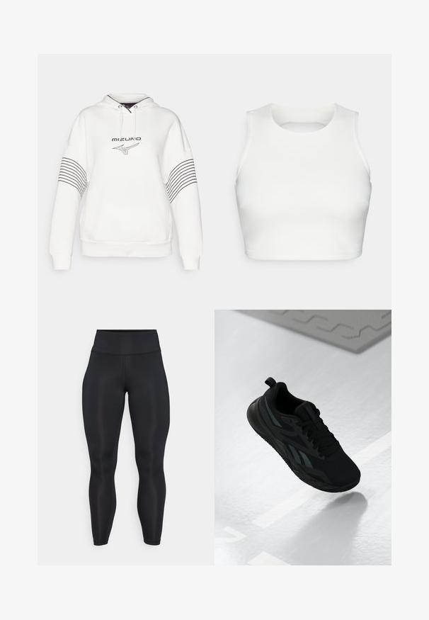 Mizuno ATHLETICS HOODY - Džemperis ar kapuci - pristine; Balta bezpiedurkņu topiņš, kas izgatavots no gludas auduma, ar apaļu kakla izgriezumu un atvērtu aizmuguri, ar akurāti šūtām malām.; Melnas augstās jostas līnijas pilna garuma legingi ar gludu audumu un redzamām šuvju detaļām priekšpusē un jostasvietā.; Melnas sporta kedas ar sietu augšpusi, ar teksturētām akcentiem un plakanu zoles formu. Iekļauta toņu zīmola nosaukuma atzīme un cilpa uz papēža.