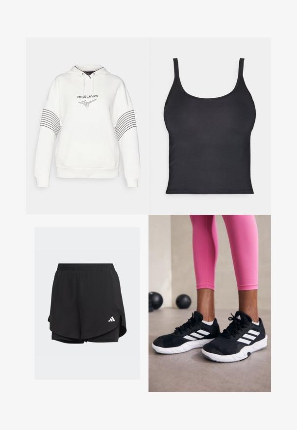 Mizuno ATHLETICS HOODY - Džemperis ar kapuci - pristine; Melnas pieguļošas topiņš ar plānām siksnām, izgatavots no gludas materiāla. Tam ir apaļa kakla izgriezums un tīras, bezšuvju malas.; Melni sporta šorti ar elastīgu jostu, slāņota dizaina, iekšējām pieguļošām šortiem un baltu logo apakšējā kreisajā pusē.; Melnas sporta kurpes ar baltām svītrām, teksturēta sieta augšdaļa un balta zole. Nēsātas ar rozā legingiem, demonstrējot treniņu apģērbu.