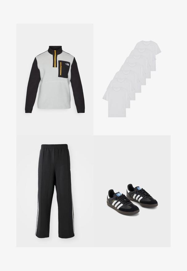 Fleece genser i grått og svart med høy krage, halv glidelås foran, glidelåslomme på brystet og kontrasterende gul glidelåsdetalj.; Hvite bomulls T-skjorter, korte ermer, rund hals-design, enkel tekstur, stablet i en rekke, med subtil merking ved halsen.; Svart joggebukse med elastisk midjebånd, med hvite sidestreker og avslappet passform. Laget av myk, elastisk stoff.; Svarte sneakers med overdel i semsket lær og syntetisk materiale, med tre hvite striper, strukturert gummisåle og blå logoetikett på tungen.