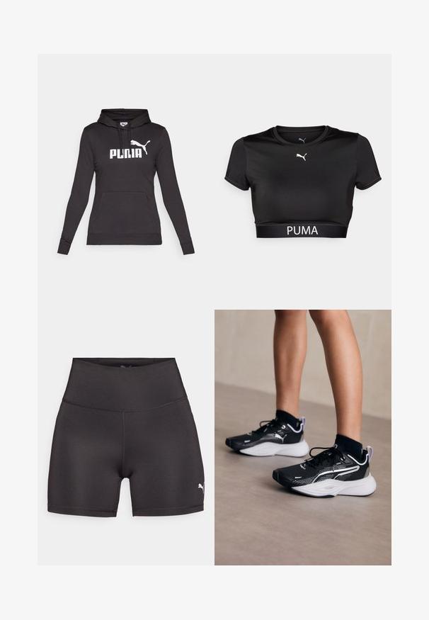 Černá mikina s kapucí vyrobená z hladké látky, s velkým bílým logem "PUMA" a malým siluetou Pumy na hrudi. Přední klokaní kapsa.; Černé zkrácené tričko z hladkého materiálu, s kulatým výstřihem, krátkými rukávy a bílým logem PUMA přes pás.; Černé sportovní šortky vyrobené z hladkého, elastického materiálu. Vysoký pas s plochými švy a malým bílým logem Puma na boku.; Černé sportovní boty s bílými akcenty, síťovaným svrškem, šněrováním a polstrovanou patou. Obsahují texturovanou podrážku pro lepší přilnavost.