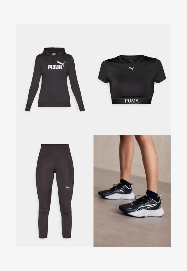 Hanorac negru cu glugă, realizat dintr-un material neted, având un mare logo alb "PUMA" și o mică siluetă Puma pe piept. Buzunar frontal tip cangur.; Tricou scurt negru dintr-un material neted, cu guler rotund, mâneci scurte și un logo PUMA alb pe bandă.; Colanți sport negri, realizați dintr-un material elastic, cu talie înaltă, având buzunare laterale și un logo alb pe piciorul stâng.; Pantofi sport negri cu accente albe, parte superioară din plasă, șireturi și toc amortizat. Dispune de o talpă texturată pentru aderență.