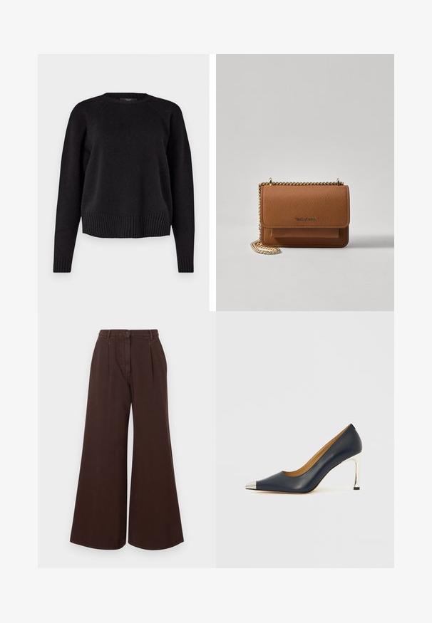 Weekend Max Mara GABBIA - Strickpullover - nero; Hochtaillierte, weit geschnittene, braune Hose mit Knopf- und Reißverschluss, Gürtelschlaufen und frontalen Falten.; Dunkelblauer Leder-Pumps mit spitz zulaufender Vorderkappe, versehen mit einer silbernen Metallkappe und einem glänzenden silbernen Stilettoabsatz.; Braune strukturierte Ledertasche mit goldener Kettenriemen und Klappenverschluss. Die Vorderseite zeigt ein Logo-Detail und eine Tasche unter der Klappe.