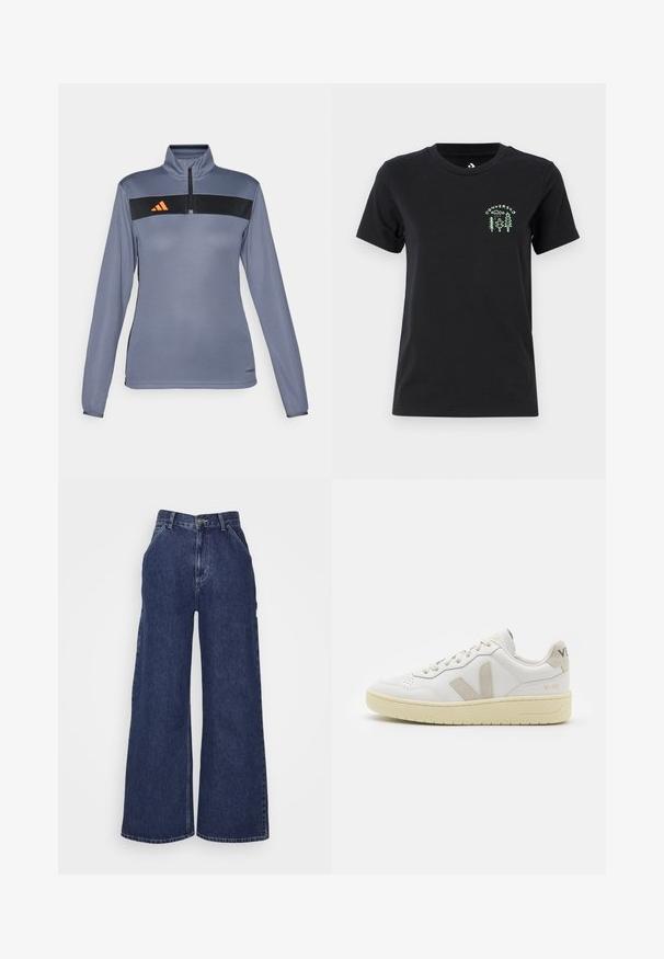 Haut de sport à manches longues gris clair avec un col zippé à mi-hauteur, présentant une bande horizontale noire et un logo orange sur la poitrine. Texture de tissu lisse.; Converse FOREST ART TEE - T-shirt imprimé - black; Jeans en denim à jambes larges de couleur bleu foncé, avec une taille haute, des poches avant et une fermeture éclair avec un bouton en métal. Texture lisse et design classique.; Baskets blanches en cuir avec des accents en daim beige, boîte à orteils perforée, lacets plats et semelle texturée crème. Présente un logo discret au talon.