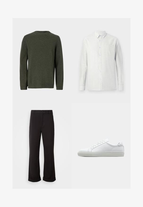 Tume rohelise värvi kootud kampsun, millel on ümar kaelus, pikad varrukad ning soonikkoes mansetid ja alumine äär. Sile tekstuur ja ühtlane mustrilisus.; Heled värvusega, pika varrukaga särk vertikaalsete triipudega, nööpidega kaeluse ja rinnataskuga. Kangas näib olevat tekstuuriga ja pehme viimistlusega.; Mustad sirgedega mustad püksid, valmistatud kergest kangast. Omavad klassikalist nuppude sulgemist ja rullitud ääri.; Valge tennisetoss, millel on sile nahk pealis ja madal profiil. Omab ümarat ninaosa, kuut silmust ja tekstuuriga kummist talda.