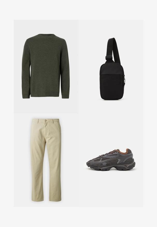 Tamsiai žalia megzta striukė su apvaliu kaklu, ilgomis rankovėmis ir ripsuota apačia bei rankogaliais. Lygus paviršius su vientisa raštu visame paviršiuje.; Bežiniai medvilniniai kelnės su tiesiais blauzdomis, priekyje su mygtukų uždarymu ir diržo kilpomis. Lygus paviršius, nėra matomų raštų ar akcentų.; Lacoste sportbačiai tamsiai pilki, pagaminti iš tinklinės ir sintetinių medžiagų, su tekstūruotu padu ir rudomis detalėmis ant apykaklės bei prekės ženklo.; Juodas per petį nešiojamas krepšys, pagamintas iš patvarios medžiagos, su vienu reguliuojamu diržu, užtrauktuku užsidarančia pagrindine kišene ir priekyje esančia kišene.