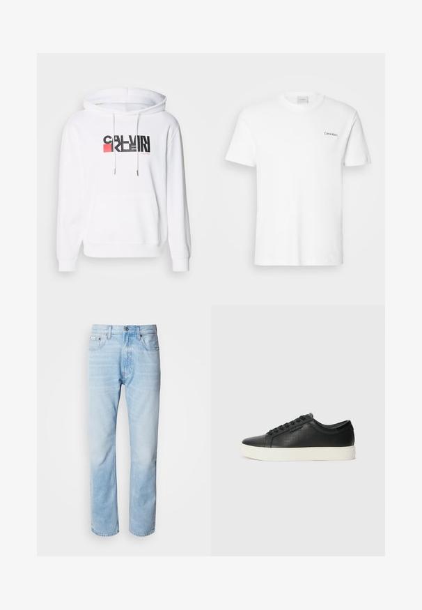 White hooded sweatshirt with front pocket, featuring black and red "CALVIN KLEIN" logo. Drawstrings with silver metal tips, soft texture.; White cotton T-shirt with short sleeves and a crew neckline. Features a small black "Calvin Klein" logo on the left chest.; Light blue denim jeans with a straight leg cut, featuring faded sections, five-pocket design, and a classic button fly.; Black leather sneakers with perforated texture, round toe, and flat white rubber sole. Features black laces and a subtle logo on the side.