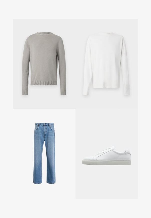 Svjetlosiva pletena jemica s okruglim izrezom, rebrastim manžetama i donjim rubom. Ima teksturiranu tkaninu u jednobojnoj boji bez uzoraka.; Bela bombažna srajca z dolgimi rokavi in okroglo ovratnikom, z bočnimi razporki na dnu in gladko teksturo, prikazana s hrbtne strani.; Svetlo modre denim kavbojke s ravno nogavico, petimi žepi, z gumbom za zapiranje, minimalnim zbledelostjo in kontrastnimi šivi.; Bela športna obutev z gladkim usnjenim zgornjim delom in nizkim profilom. Ima zaokrožen nos, šest lukenj za vezalke in teksturiran gumijast podplat.