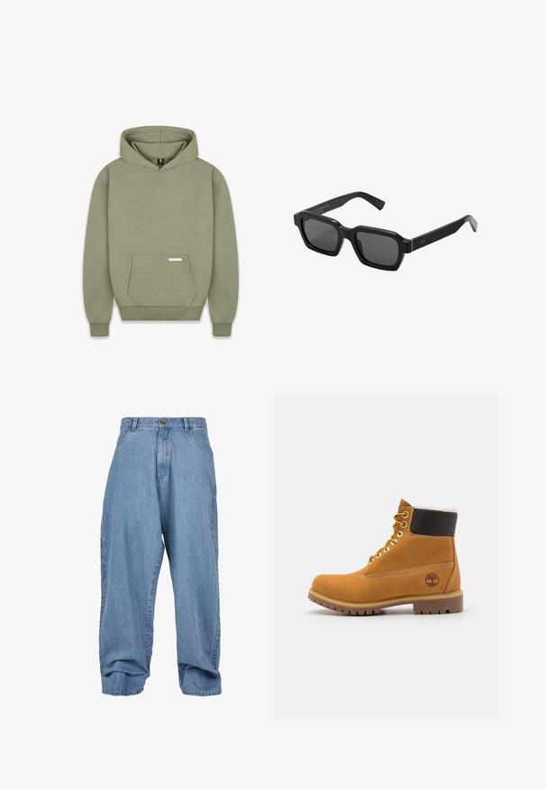 Alyvuogių spalvos gobtuvinė palaidinė, su ilgomis rankovėmis, priekinėmis kengūrinėmis kišenėmis, gūbriškais manžetais ir maža etikete kišenėje.; Balta polo marškiniai, pagaminti iš medvilnės. Savybės: klasikinis apykaklė, trijų mygtukų užsegimas ir trumpi rankoviai. Diskretus logotipas išsiuvinėjimas ant krūtinės.; Šviesiai mėlynos džinsinės kelnės su laisvu kirpimu, mygtuko užtrauktuku, priekinėmis kišenėmis ir užlenktais džinsuose, turinčios klasikinį penkių kišenių dizainą.; Rudos odinės aulinės puikiai tinka su metaliniais akmenukais, baltu dirbtiniu kailiu, juodu paminkštintu apvadu, tvirtu padu ir įspaustu logotipu šone.; Juodi, kvadratiniai akiniai nuo saulės su pilkais lęšiais. Stori plastikiniai rėmeliai su auksiniais akcentais ir prekės ženklu ant smilkinių. Lygus paviršius.
