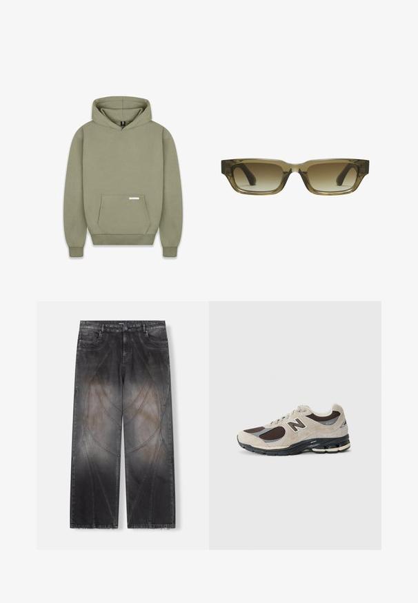 Kapuzensweatshirt in Olivgrün, mit langen Ärmeln, einer vorderen Kängurutasche, gerippten Bündchen und einem kleinen Etikett auf der Tasche.; Weit geschnittene Jeans aus ausgewaschenem schwarzem Denim. Verfügt über geschwungene Stickmuster und einen ausgefransten Saum. Vier Taschen und ein Knopfverschluss.; Sneaker mit einem Obermaterial aus beigem und braunem Wildleder, Netzpaneelen, einem weißen "N"-Logo und einer schwarzen Sohle mit cremefarbenen Akzenten.; Braune Gradient-Sonnenbrille mit rechteckiger Form, dicken, klobigen Rahmen und schwarzen Bügeln. Das transparente braune Material verleiht Dimension.