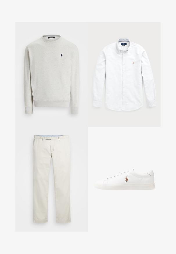 Light gray sweatshirt made of cotton blend, featuring a crew neck, long sleeves, and a navy logo embroidered on the chest.; White long-sleeve button-up shirt made of cotton. Features a spread collar, button closure, and a small embroidered logo on the chest.; Beige cotton chinos with a flat front, belt loops, and side pockets. Straight-leg design with a smooth texture and a light, breathable feel.; White leather sneakers, low-top design, featuring a smooth texture, round toe, laced front, and a small embroidered logo on the side.