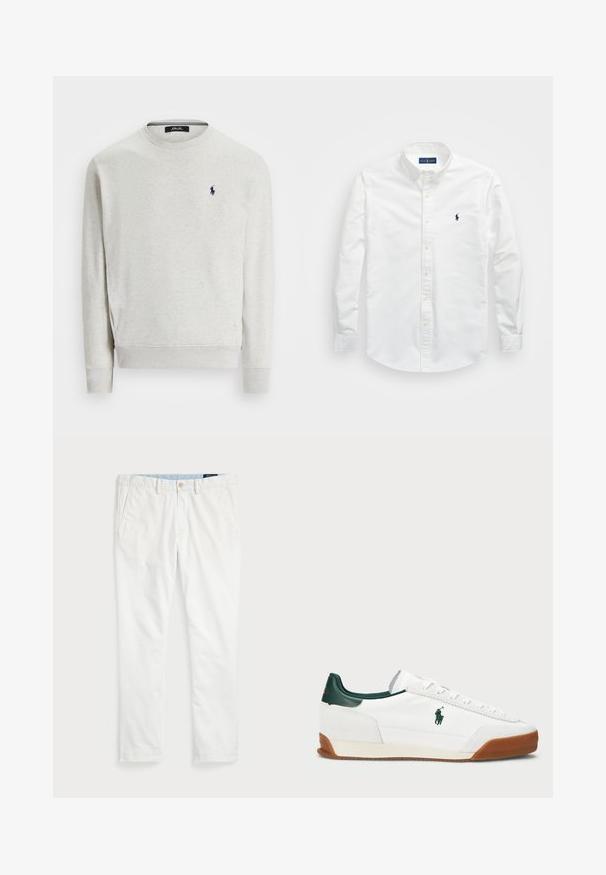 Lys grå genser laget av bomullsblanding, med rund hals, lange ermer, og en marineblå logo brodert på brystet.; Hvit skjorte med knapper laget av bomull. Har spiss krage, lange ermer og en liten marineblå logo på brystet. Glatt tekstur.; Hvite chinos laget av bomull, med flat front, beltehemper, to sidelommer og en baklomme. Glatt tekstur med rett ben.; Hvite sneakers med grønne lærdetaljer og en tan gummisåle. Har en stoffoverdel og en fremtredende logo på siden. Snøring.