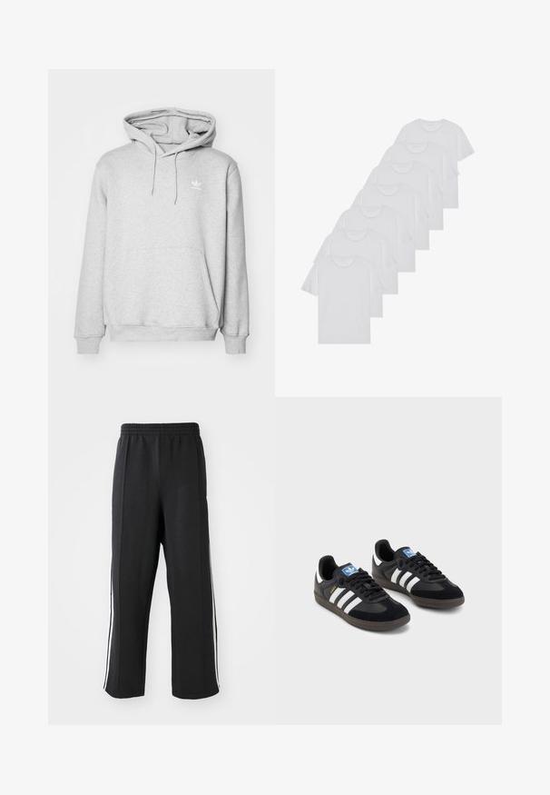 Siva kapuca s kengurujem na prednji del, nastavljivo šnurovanje na kapuci in majhnim belim logotipom na prsih. Izdelano iz mehkega, teksturiranega materiala.; Beli bombažni T-majici, kratki rokavi, krožni izrez, enostavna tekstura, zloženi v vrsto, s subtilnim logotipom na vratu.; Črne trenirke z elastičnim pasom, z belimi stranskimi črtami in sproščenim krojem. Narejene iz mehke, raztegljive tkanine.; Črne športne copate z zgornjim delom iz semiša in sintetičnih materialov, ki imajo tri bele črte, teksturiran gumijast podplat in modro označevalno oznako na jeziku.