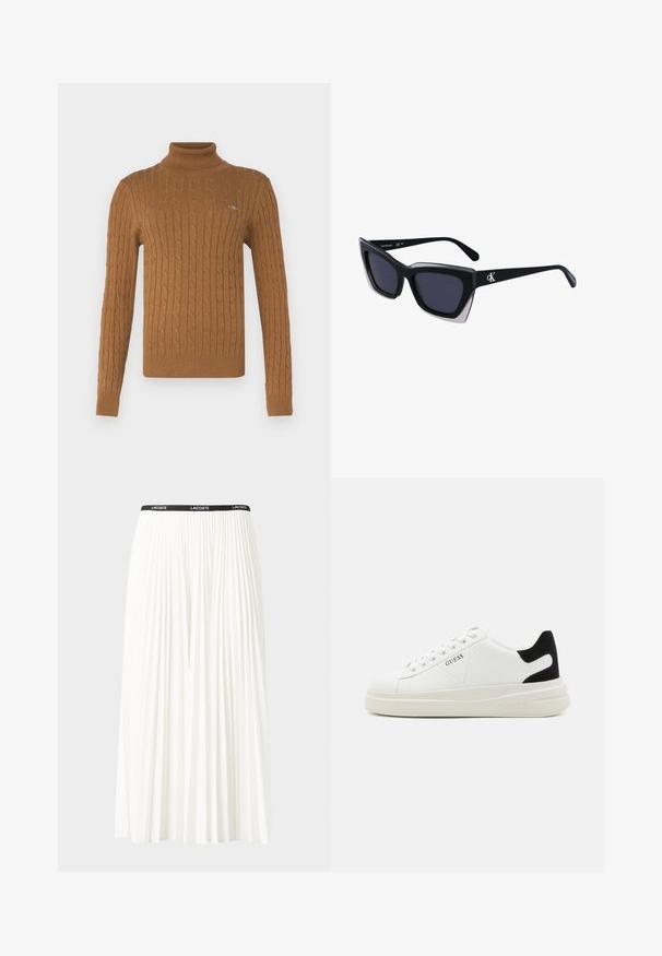 GANT TURTLENECK - Neule - cacao; Hame valkoinen pliseerattu hame mustalla joustavalla vyötäröhihnalla, jossa on "LACOSTE"-logo. Puolipitkä malli pehmeällä tekstuurilla.; Valkoiset nahkakengät paksulla valkoisella pohjalla, mustalla mokkanahkaosuudella kannassa ja kohokuvioitu logo sivulla. Nauhakeskitys kuudella reiällä.; Mustat ylisuuret aurinkolasit, joissa on geometrinen muoto, tummat linssit ja kehykseen erottuva harmaa yksityiskohta. Logo varressa.