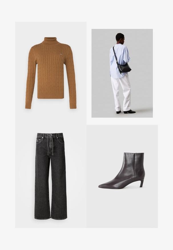 GANT TURTLENECK - Džemperis - cacao; Juodos plačios kojų džinsai, pagaminti iš džinsinio audinio. Turi aukštą juosmenį, diržo kilpas, priekinės kišenes ir sidabrinius detalių akcentus.; Juodas odinis kulkšninis batai su smailu nosimi ir žemu katės kulnu, lygus paviršius, šoninė užtrauktuko sistema, rodomas neutralioje fone.; Juodas odinis petinis krepšys su minkšta tekstūra, trikampiu pavidalu ir reguliuojama juosta, derinamas su šviesiai mėlynu dryžuotu marškinėliu ir baltais džinsais.