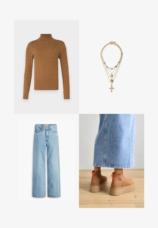 GANT TURTLENECK - Trui - cacao; Lichtblauwe, hoge taille, wijde jeans met een voorste knoop en ritssluiting, riemlussen en vijf zakken.; Bruine suède platformlaarzen met elastische zijkanten en oranje trekbandjes, gecombineerd met een lichtdenim rok tot de knie op een houten vloer.; Gouden gelaagde ketting met verschillende parel- en kleurrijke edelsteenaccenten, gedetailleerde hangers in de vorm van een kruis en harten.