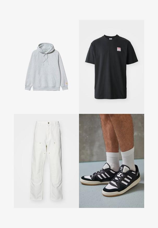 Gray hooded sweatshirt with raglan sleeves, front pocket, and drawstring. Soft texture with a small logo on the sleeve.; Black cotton t-shirt with a crew neck, short sleeves, and a small colored label on the left chest featuring the word "SUPERIOR."; White cotton cargo pants with a relaxed fit. Features include front pockets, gold hardware accents, and reinforced knee sections.; Black and white sneakers with a suede and leather upper, featuring three white stripes, a perforated toe, and a gum rubber sole.