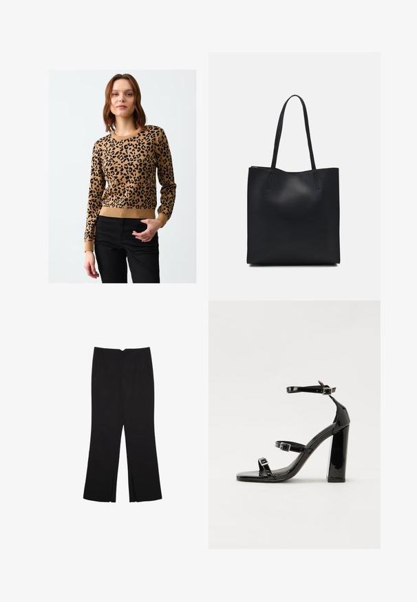 Pull en imprimé léopard tan avec taches noires, poignets et ourlet côtelés. Le tissu semble tricoté, design ajusté avec encolure ronde.; Pantalon noir avec une coupe droite, doté de poches avant et d'éclairs sur l'ourlet. Fabriqué en tissu doux et lisse. Convient à diverses occasions.; Sandales à talons vernies noires avec un bout carré, des sangles autour de la cheville et des boucles en argent. Dotées d'un talon bloc épais pour plus de stabilité.; Sac fourre-tout en cuir noir avec une texture lisse, de forme rectangulaire et deux longues poignées. Pas de matériel ou d'ornementations visibles.