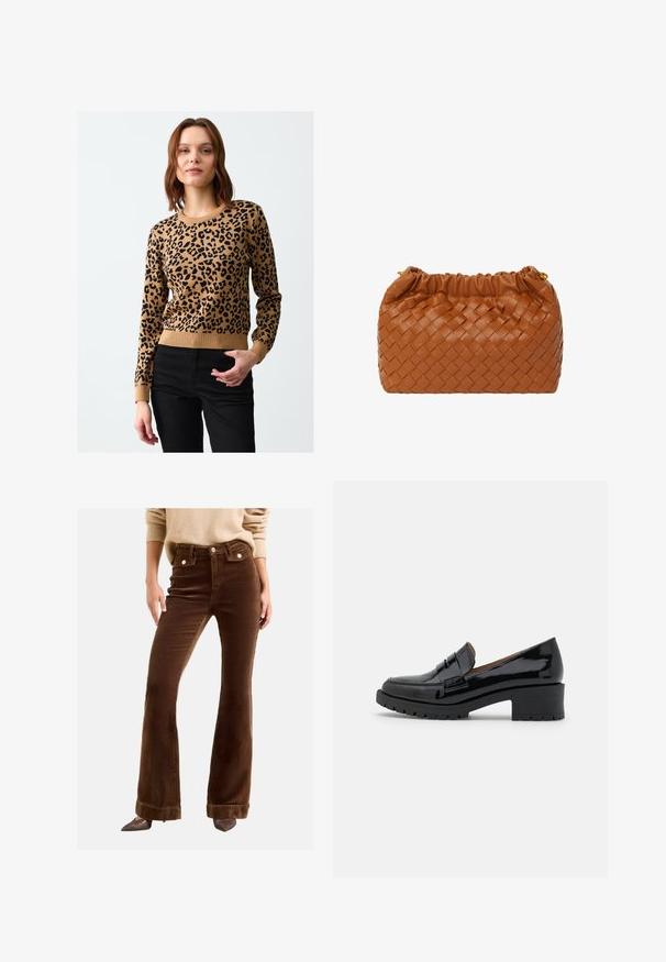 Leopardenmuster-Pullover in Beige mit schwarzen Flecken, gerippte Bündchen und Saum. Der Stoff wirkt gestrickt, die Passform ist eng mit Rundhalsausschnitt.; Braune Corduroy-Engpasshosen mit hoher Taille, Fronttaschen und goldfarbenen Knopfakzenten. Der Stoff hat eine weiche, gerippte Textur.; Schwarze Lackleder-Lederschuhe mit einem niedrigen, klobigen Absatz, ausgestattet mit einem vorderen Riemen-Detail und einer strukturierten Gummisohle für besseren Halt.; Braune geflochtene Lederhandtasche mit einem gerafften Oberteil und goldenen Hardware-Details. Kompakte rechteckige Form, glatte Textur und geflochtenes Muster.