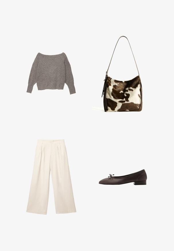 Maglione grigio off-the-shoulder con un morbido filo testurizzato, maniche svasate e orlo corto.; Blusa lunga a maniche con scollo a V profondo di colore marrone scuro, con ampi lacci a sciarpa che pendono sul davanti.; Pantaloni a gamba larga di un leggero colore beige con un tessuto morbido e texture. Presentano pieghe frontali e una vita elasticizzata per una vestibilità comoda.; Ballerina in pelle marrone con punta arrotondata e tacco a blocco piccolo. Presenta un sottile fiocco sul davanti e dettagli di cucitura discreti.; Borsa a spalla in pelle bovina marrone e crema con tracolla in pelle liscia, chiusura con zip e superficie morbida e testurizzata con un motivo naturale.