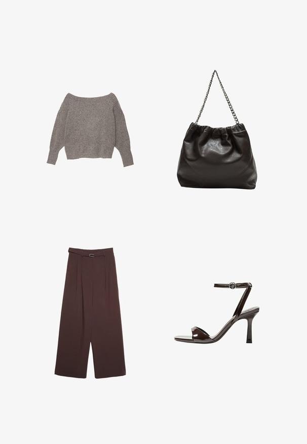 Grauer schulterfreier Pullover mit weichem, strukturiertem Strick, lockeren Ärmeln und einem cropped Saum.; Stradivarius WIDE-LEG WITH BUCKLE DETAIL - Stoffhose - dark brown; Braune Lackleder-High-Heelsandale mit einem Knöchelriemen, offener Zehenpartie und einem schlanken, minimalistischen Design. Verfügt über einen quadratischen Absatz.; Braune Lederhandtasche mit gerafftem Oberteil und Kettenriemen. Glatte Textur mit glänzendem Finish und subtilen Nahtdetails an den Seiten.