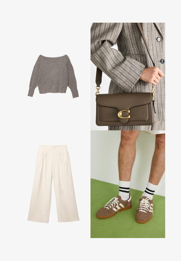 Un pull gris à épaules dénudées avec un tricot doux et texturé, des manches amples et un ourlet court.; Pantalons à jambes larges de couleur beige clair en tissu doux et texturé. Présente des plis avant et une taille élastique pour un ajustement décontracté.; Baskets en daim marron avec des accents et des lacets blancs. Semelle en caoutchouc gomme. Portées avec des chaussettes blanches à rayures noires. Sol texturé vert.; COACH TABBY SHOULDER BAG 26 - Sac à main - dark stone; Collier en or avec des maillons rectangulaires allongés. Porté sur une chemise noire à col en dentelle, affichant une finition lisse et brillante.